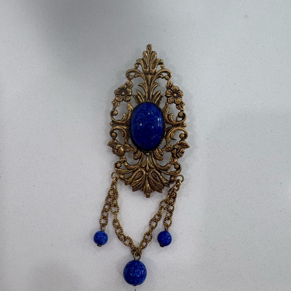 Vintage Elegant Gold and Blue Floral Brooch